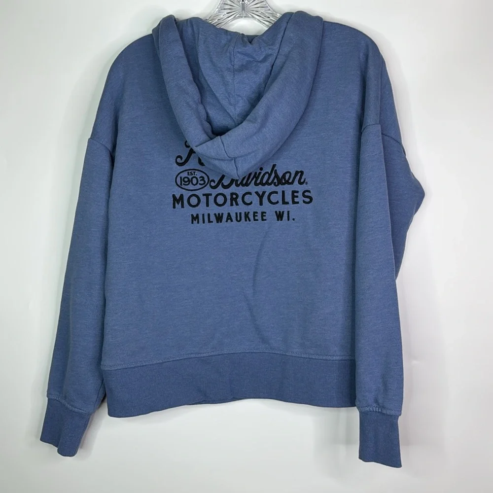 Harley Davidson Milwaukee, Wisconsin Blue Vneck Hooded Sweatshirt Size Medium - Picture 4 of 10